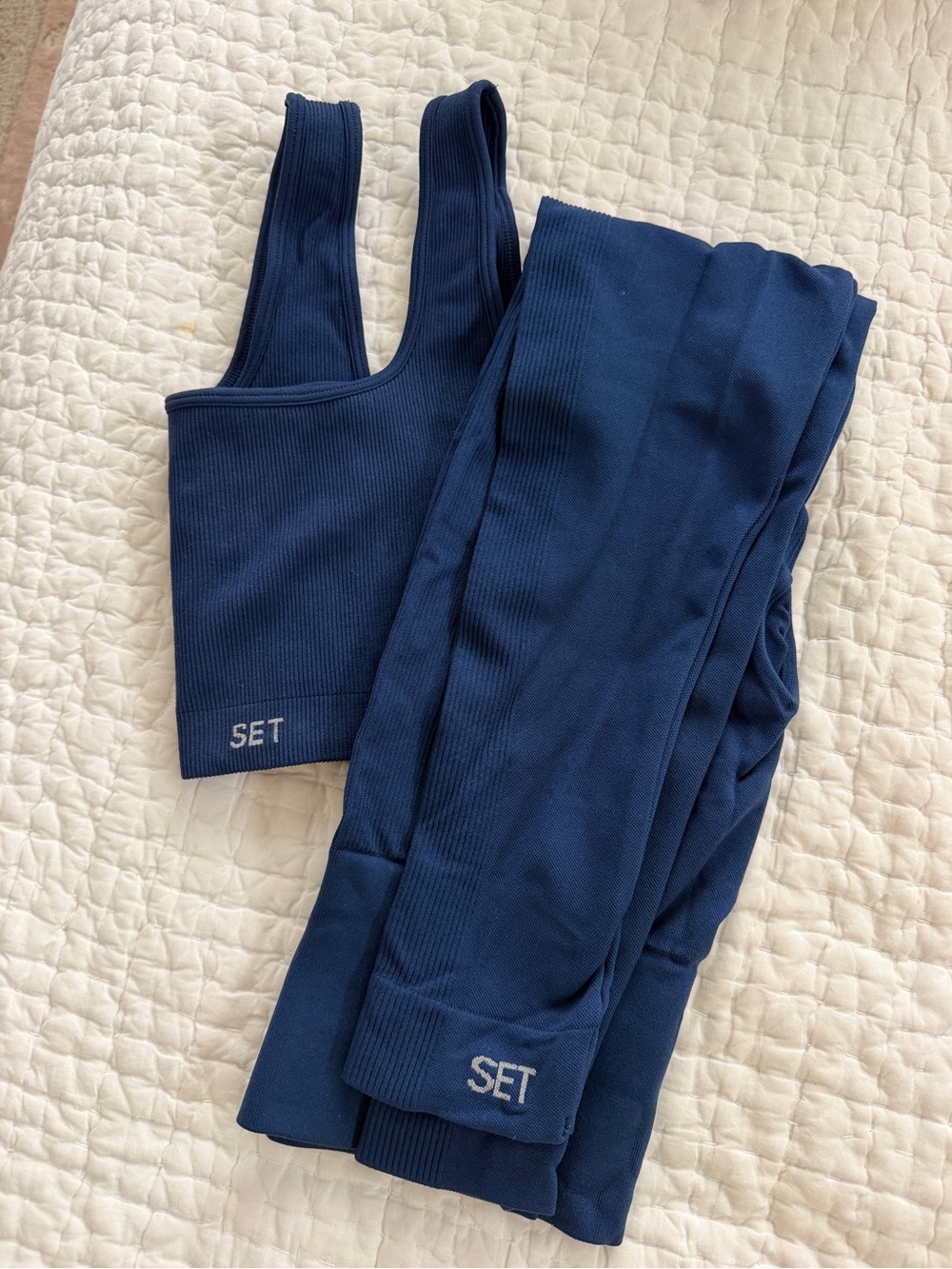 SET ACTIVE - Navy Ribbed Athletic Crop Top & Leggings Set